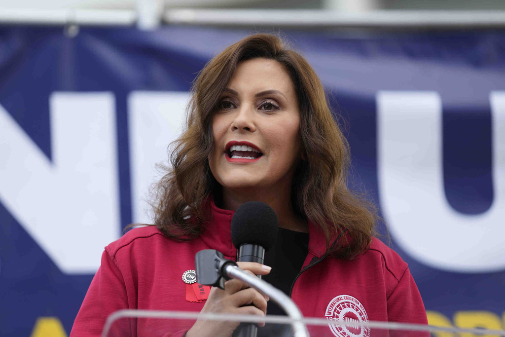 Gov. Gretchen Whitmer (D-MI) speaks to United Auto Workers members at a rally, Sept. 15, 2023, in Detroit. 