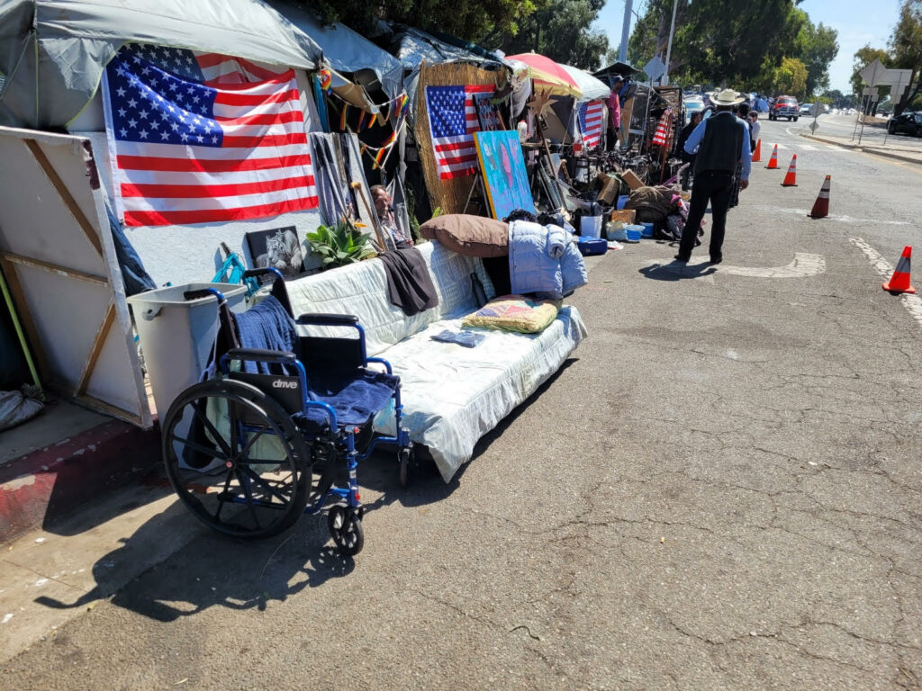 Homeless tents on Veterans Row outside the West Los Angeles VA facility.