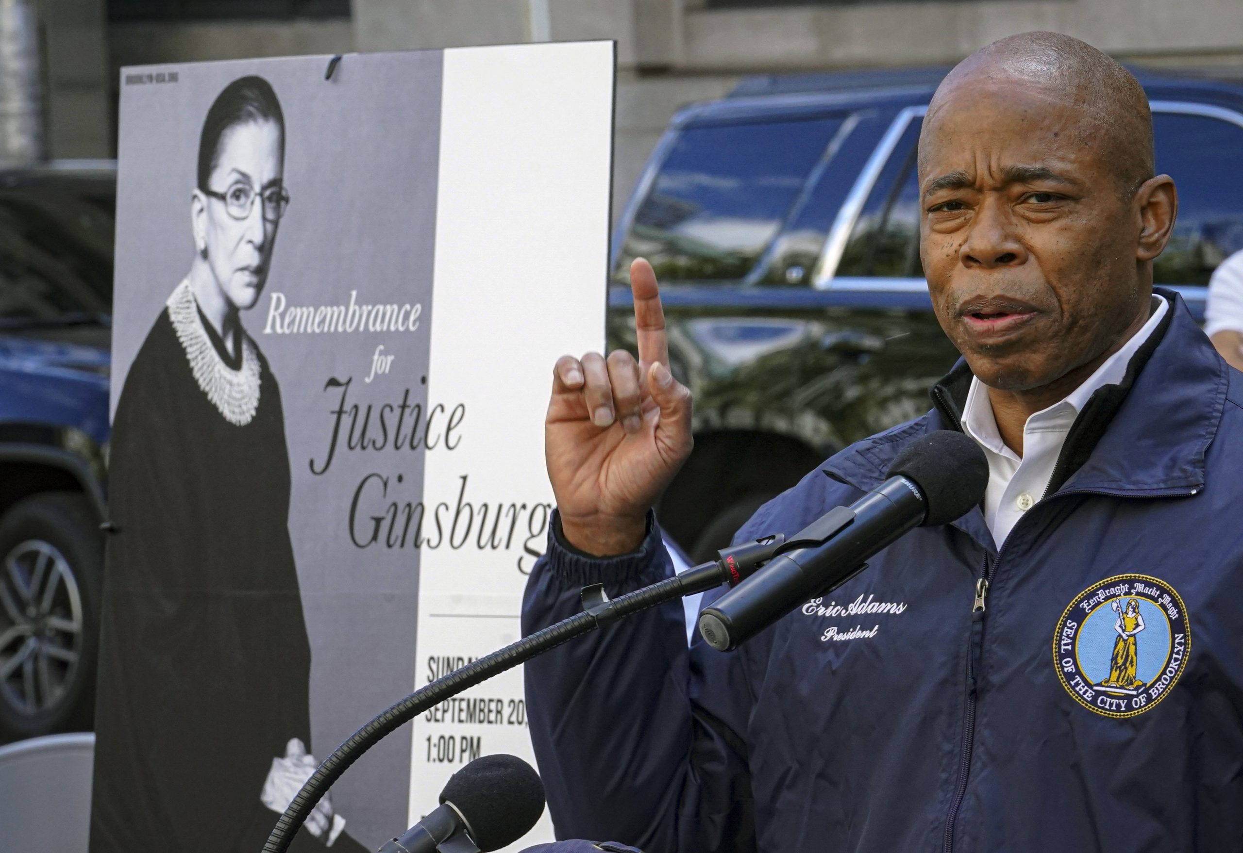 Brooklyn Borough President Eric Adams speaks during a public remembrance to honor the life and legacy of U.S. Supreme Court Justice and former Brooklynite Ruth Bader Ginsburg, outside Brooklyn's, Municipal Building, Sunday Sept. 20, 2020, in New York.