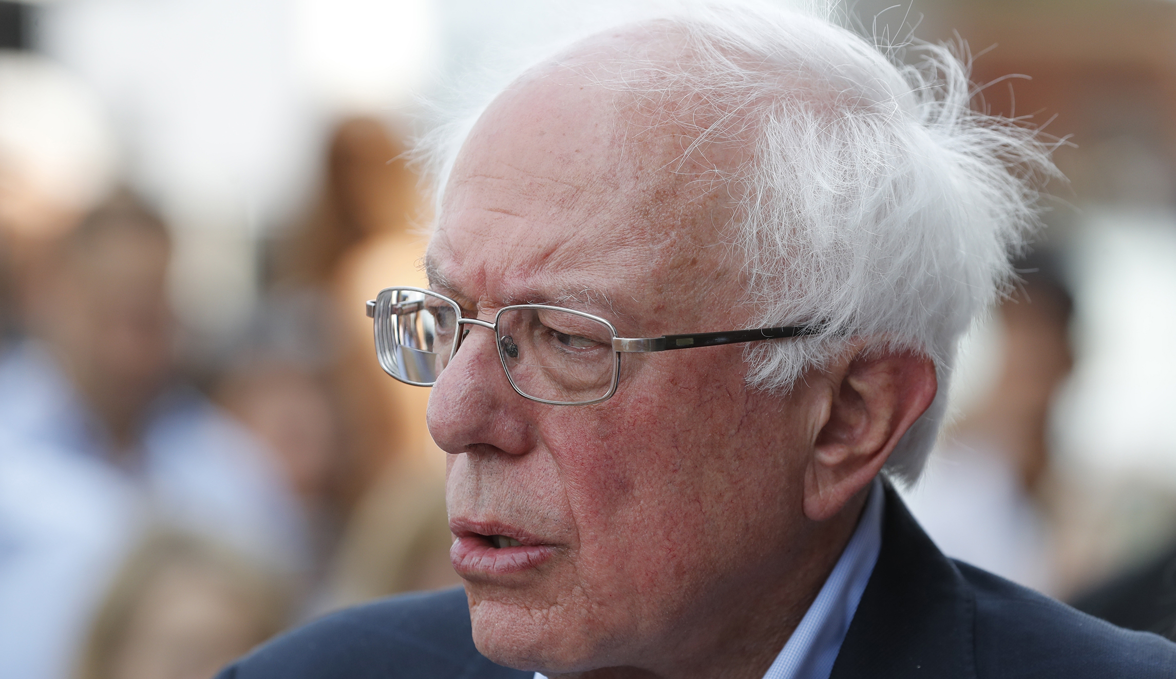 Democratic presidential candidate, Sen. Bernie Sanders, I-Vt., addresses the media outside the Olde Walkersville Pharmacy, Sunday, July 28, 2019, in Windsor, Ont.