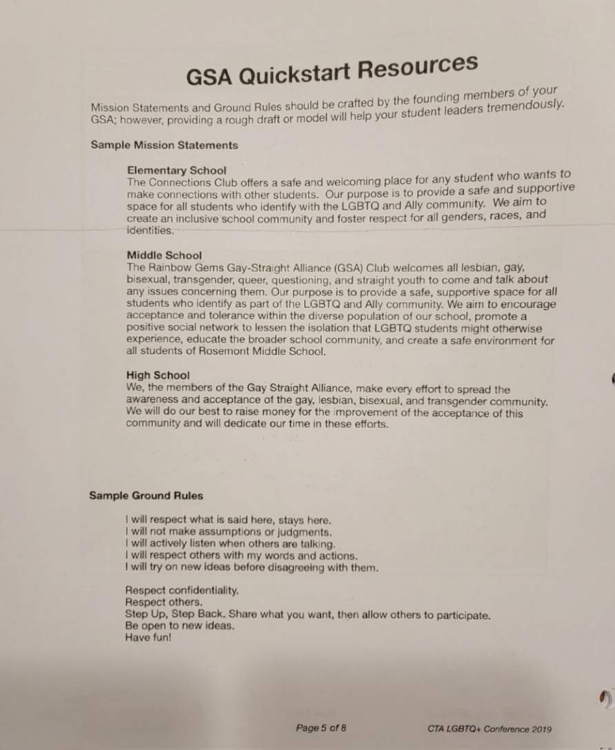 Packet suggesting LGTBQ+ clubs should be formed in elementary school