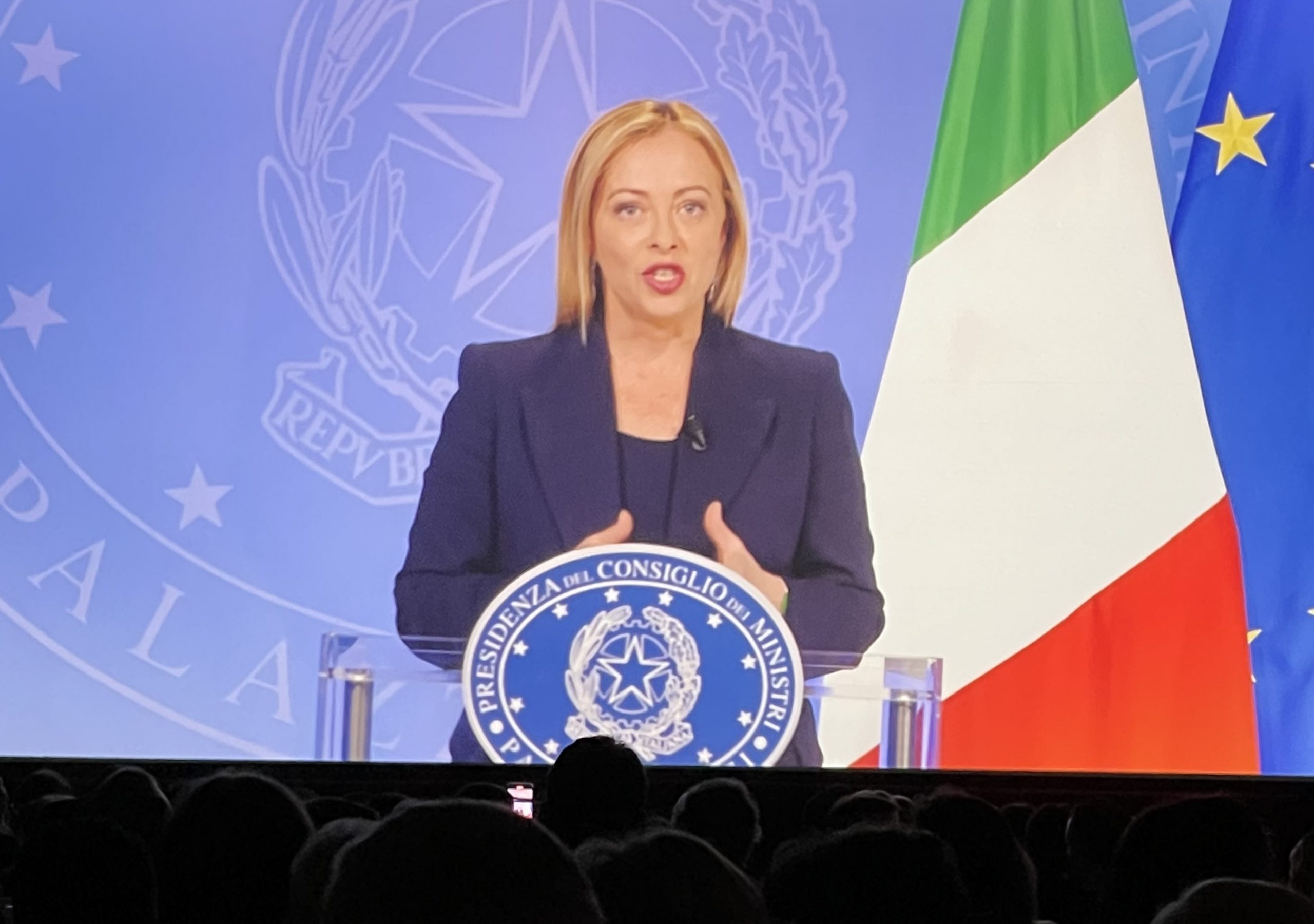 Italian Prime Minister Giorgia Meloni speaks in a prerecorded message for the NIAF Gala.