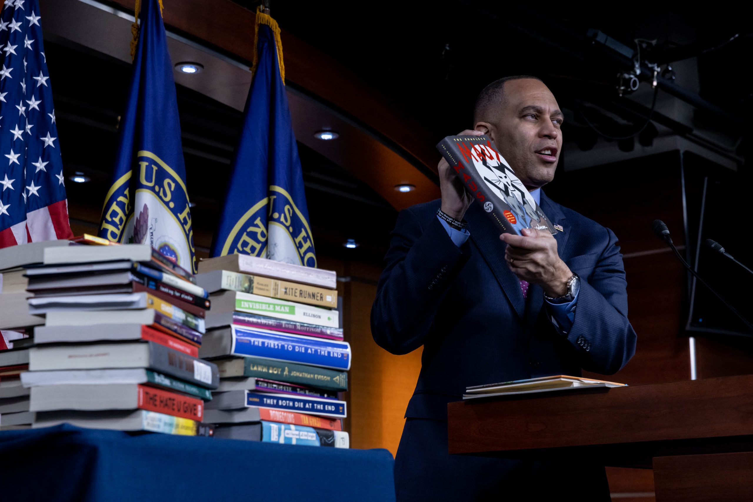 House Democratic Leader Hakeem Jeffries (D-NY) holds a copy of the graphic novel, Maus, while speaking at a press conference about banned books, on Capitol Hill, Friday, March 24, 2023. While speaking on the House floor, Jeffries said "Extreme MAGA Republicans don't want the children of America to learn about the Holocaust."