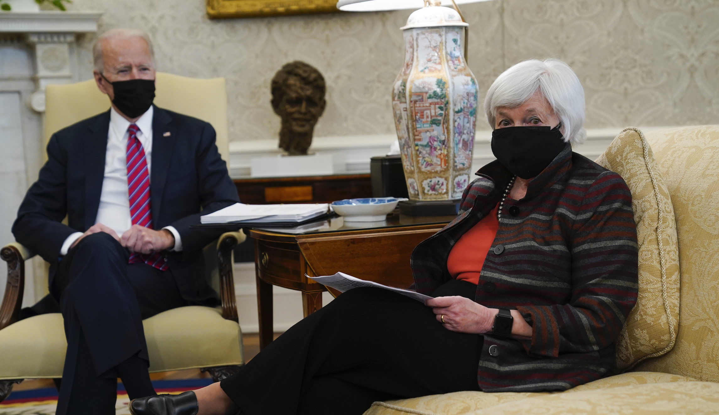 President Joe Biden meets with Treasury Secretary Janet Yellen in the Oval Office of the White House, Friday, Jan. 29, 2021, in Washington.