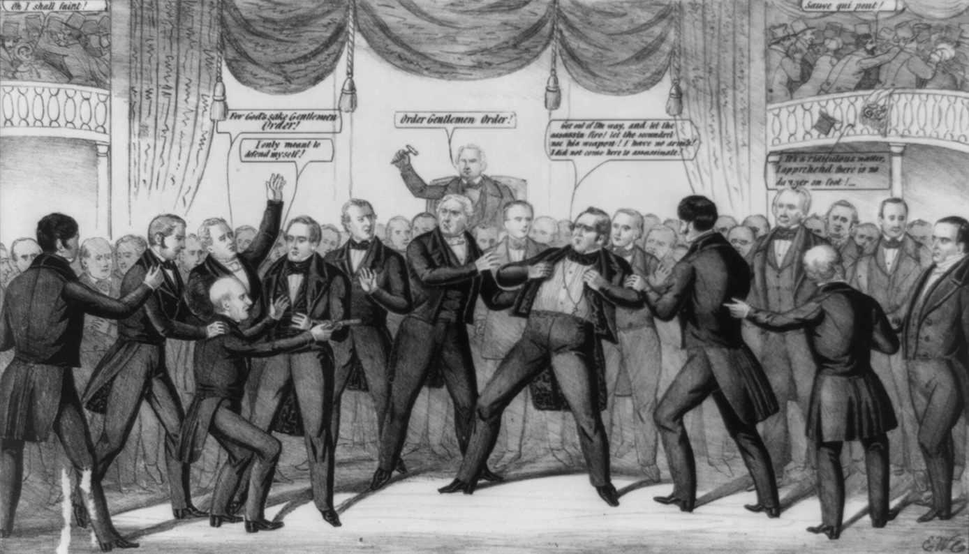 Senators Thomas Hart Benton of Missouri and Henry Foote of Mississippi argued on April 17, 1850. Benton charged Foote; Foote pulled a pistol. Benton yelled: “Let him fire! Stand out of the way and let the assassin fire!” As this cartoon by Edward W. Clay depicts, spectators fled the Senate galleries. Vice President Fillmore, in his role as president of the Senate, quickly adjourned.
