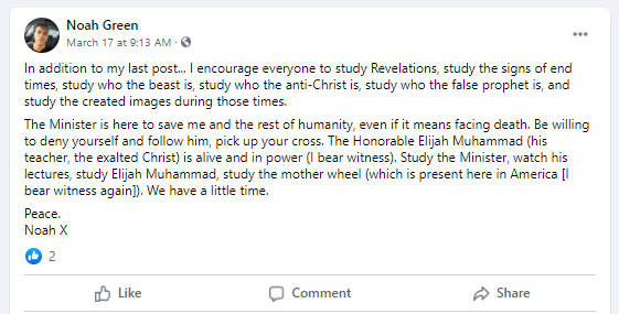 Noah Green facebook post