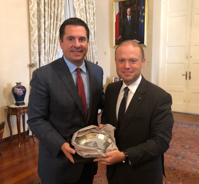 Rep. Devin Nunes (left) is seen with Maltese Prime Minister Joseph Muscat (right).