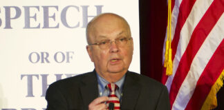 Gen. Michael Hayden, the former head of the CIA and the National Security Agency, speaks at the 2018 National First Amendment Conference in Pittsburgh.
