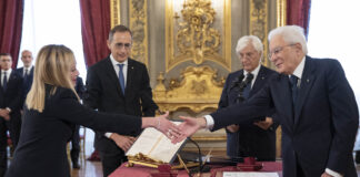 New Italian Prime Minister Giorgia Meloni attends the swearing-in ceremony with Italian President Sergio Mattarella at the Quirinal palace on October 22, 2022 in Rome, Italy.
