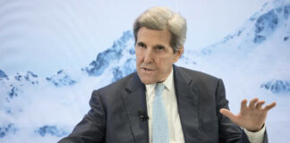 John Kerry, United States special presidential envoy for climate, discusses on a podium at the World Economic Forum in Davos, Switzerland, on Wednesday, Jan. 18, 2023. The annual meeting of the World Economic Forum is taking place in Davos from Jan. 16 until Jan. 20, 2023.