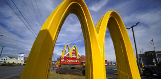 This is the signage in front of a McDonald's restaurant in East Palestine, Ohio, Thursday, Feb. 9, 2023. 