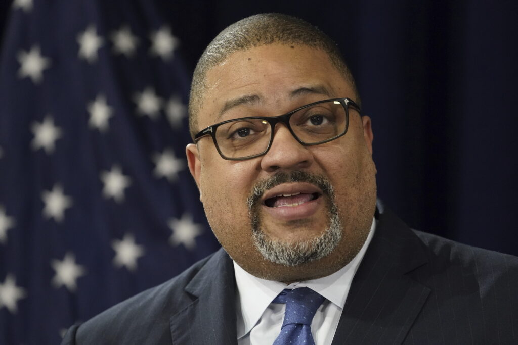 Manhattan District Attorney Alvin Bragg speaks at a press conference after the arraignment of former president Donald Trump in New York on Tuesday, April 4, 2023. 