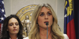 Former collegiate swimmer Riley Gaines speaks at a news conference about transgender inclusion in sports at the North Carolina Legislative Building, Wednesday, April 19, 2023, in Raleigh, North Carolina. (AP Photo/Hannah Schoenbaum)
