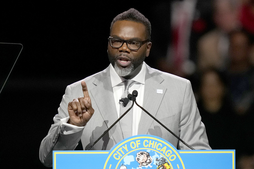 Chicago Mayor Brandon Johnson delivers his inaugural address after taking the oath of office as Chicago's 57th mayor Monday, May 15, 2023, in Chicago.