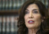 Gov. Kathy Hochul (D-NY) speaks to reporters about end-of-session legislative bills after a swearing-in ceremony for Court of Appeals Associate Judge Caitlin J. Halligan on Wednesday, June 7, 2023, at the New York Court of Appeals in Albany, New York.