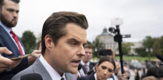Rep. Matt Gaetz (R-FL) talks to reporters just after House Speaker Kevin McCarthy's (R-CA) last-ditch plan to keep the government temporarily open collapsed, at the Capitol in Washington, Friday, Sept. 29, 2023.