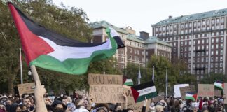 Pro-Palestine demonstrators gather for a protest at Columbia University, Thursday, Oct. 12, 2023, in New York. Hamas terrorists launched an unprecedented surprise attack on Saturday, killing hundreds of Israeli civilians and kidnapping others. The Israeli military is hammering the Hamas-ruled Gaza Strip with airstrikes.