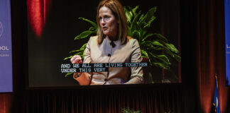 Supreme Court Justice Amy Coney Barrett speaks with Professor Robert A. Stein at Northrop Auditorium as part of the Stein Lecture Series in Minneapolis, Monday, Oct. 16, 2023.