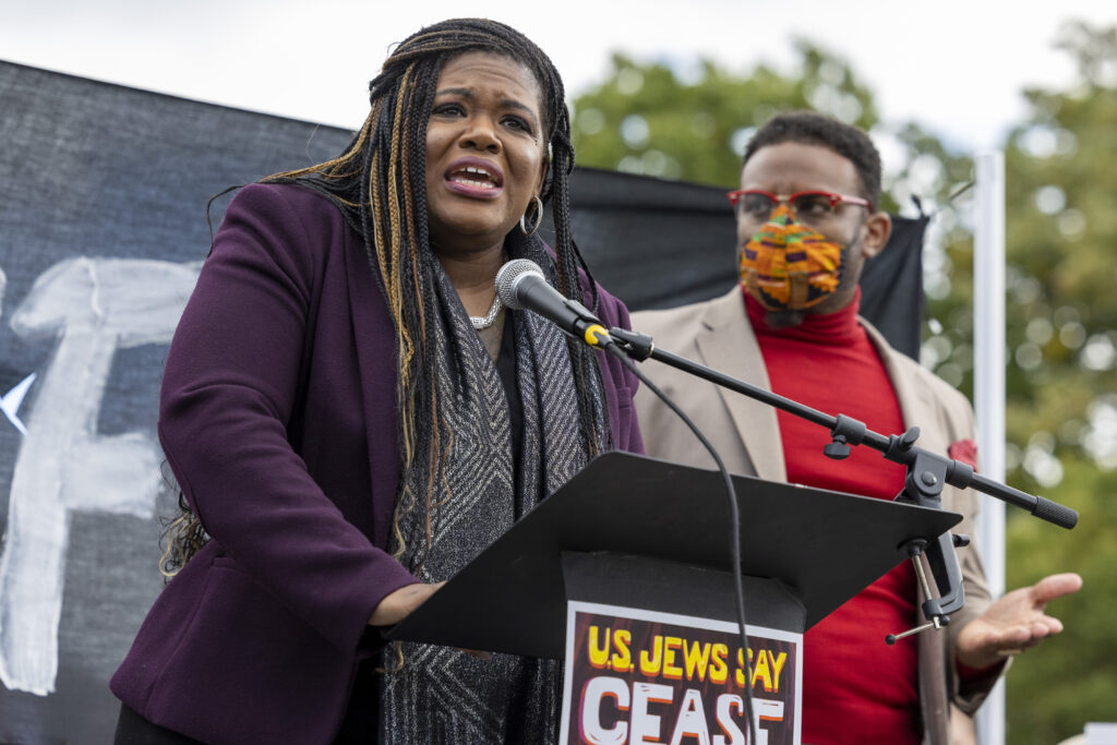 Rep. Cori Bush (D-MO) speaks during a demonstration calling for a ceasefire in Gaza near the Capitol in Washington on Wednesday, Oct. 18, 2023. 