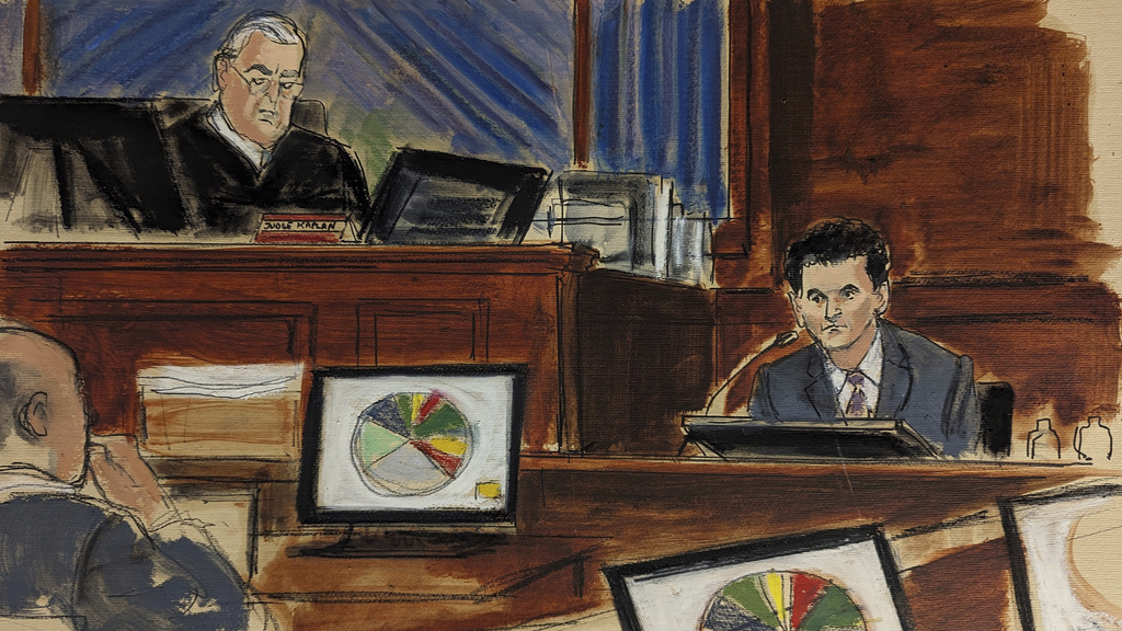 In this courtroom sketch, FTX founder Sam Bankman-Fried, right, testifies as Judge Lewis Kaplan, upper left, presides during Bankman-Fried's trial in Manhattan federal court, Tuesday, Oct. 31, 2023, in New York. 