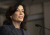 Gov. Kathy Hochul (D-NY) addresses the media during a press conference on Monday, March. 13, 2023, in New York. The state will create a study commission tasked with considering reparations and addressing the persisting, harmful effects of slavery in the state under a bill Hochul signed into law on Tuesday, Dec. 19, 2023.