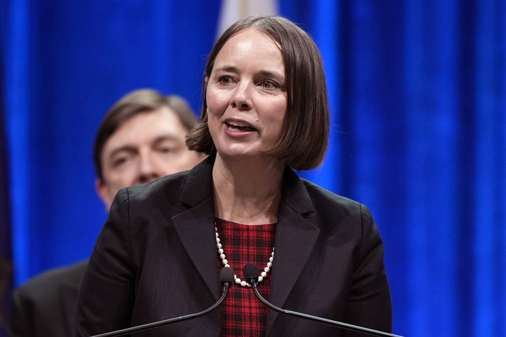 FILE - Secretary of State Shenna Bellows speaks at an event, Jan. 4, 2023, in Augusta, Maine. 