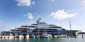 The 140-meter long 'Ocean Victory' is seen docked on July 21, 2015, in Auckland, New Zealand. The superyacht is owned by Russian steel billionaire Viktor Rashnikov and features six swimming pools, a jacuzzi, a gym, a helipad, and a helicopter hanger.  