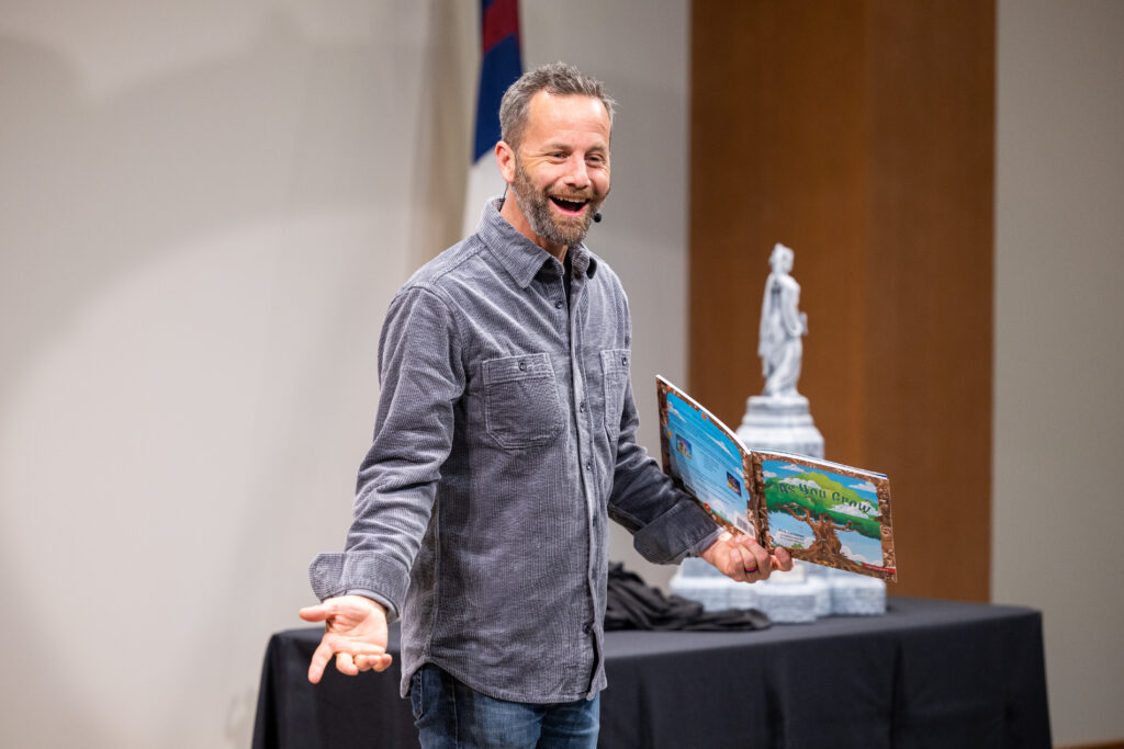 Actor, film producer, and author Kirk Cameron interacts with the crowd gathered for his story-time tour stop at the Billy Graham Library in Charlotte, North Carolina on May 13, 2023.