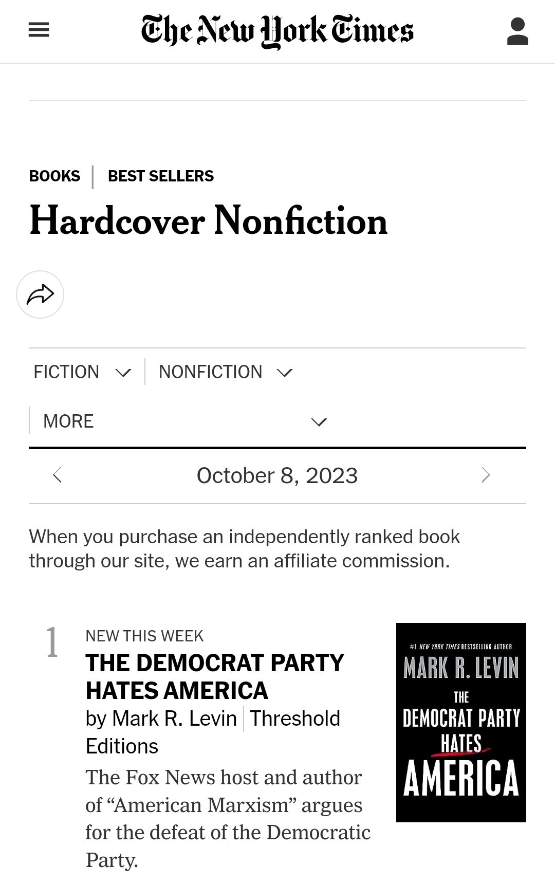 New Mark Levin book opens as New York Times No. 1 bestseller