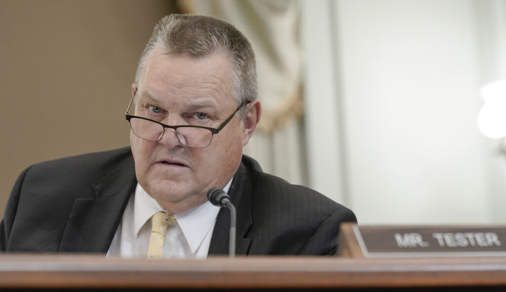 Sen. Jon Tester (D-MT) asks questions during a Senate Commerce, Science, and Transportation Committee hearing, Wednesday, Oct. 4, 2023, on Capitol Hill in Washington. (AP Photo/Mariam Zuhaib)