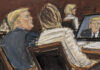 In this courtroom sketch, Thursday, Jan. 25, 2024, Donald Trump and his attorney watch video of his deposition, presented prior to the defense resting, in Federal Court in New York. (Elizabeth Williams via AP)