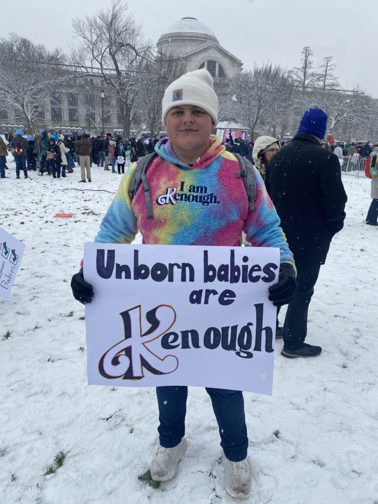 Isaac Faulkner holds a sign referencing the Barbie movie at the 51st annual March for Life on January 19, 2024. (Washington Examiner; Breccan F. Thies).