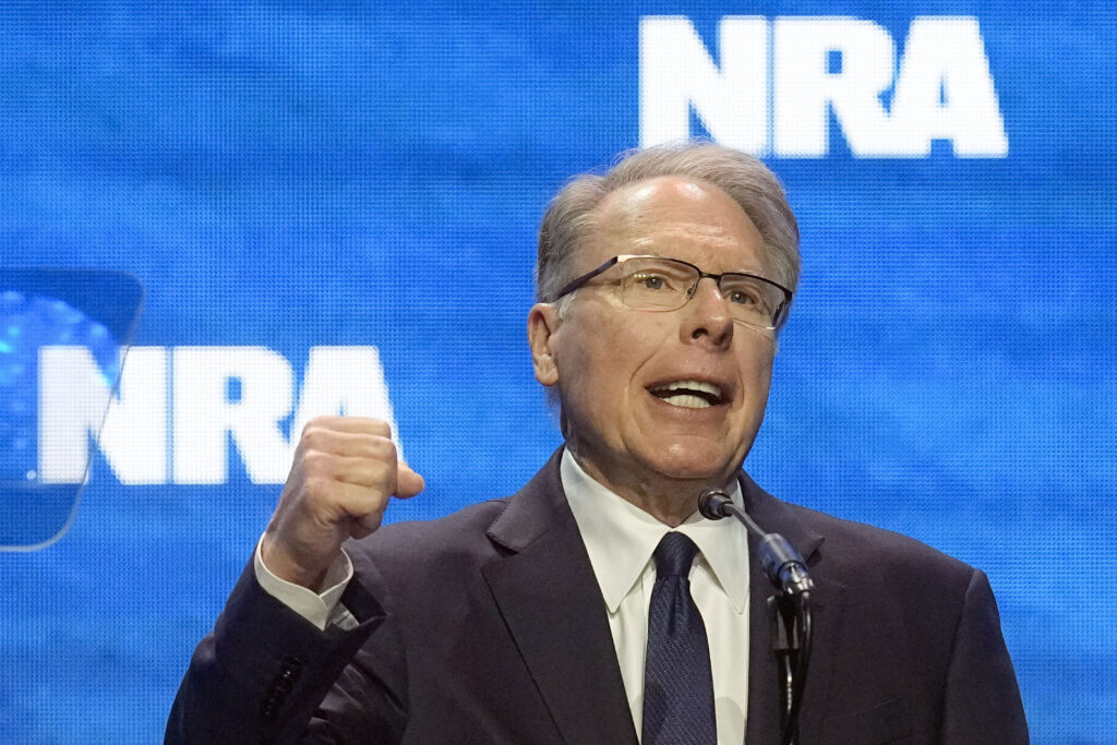 FILE - Wayne LaPierre, CEO and executive vice-president of the National Rifle Association, addresses the National Rifle Association Convention, April 14, 2023, in Indianapolis. The National Rifle Association of America (NRA) announced Friday, Jan 5, 2023, that LaPierre announced he is stepping down from his position as chief executive of the organization, effective Jan. 31  (AP Photo/Darron Cummings, File)