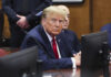 Former President Donald Trump appears during a court hearing at Manhattan criminal court, Thursday, Feb. 15, 2024, in New York. A New York judge says Trump's hush-money trial will go ahead as scheduled with jury selection starting on March 25. (Brendan McDermid/Pool Photo via AP)