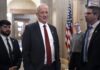 Benny Gantz, a key member of Israel's War Cabinet and the top political rival of Israeli Prime Minister Benjamin Netanyahu, leaves a meeting in the office of Senate Minority Leader Mitch McConnell, R-Ky., at the Capitol in Washington, Monday, March 4, 2024. Gantz also met earlier with Vice President Kamala Harris and other top White House officials. (AP Photo/J. Scott Applewhite)