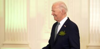 President Joe Biden greets attendees at a St. Patrick's Day brunch with Catholic leaders in the East Room of the White House, Sunday, March 17, 2024. (AP Photo/Stephanie Scarbrough)