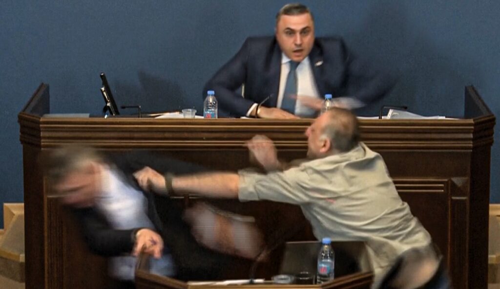Georgian politician sparks chaos by punching opponent during heated debate on ‘foreign agent’ bill