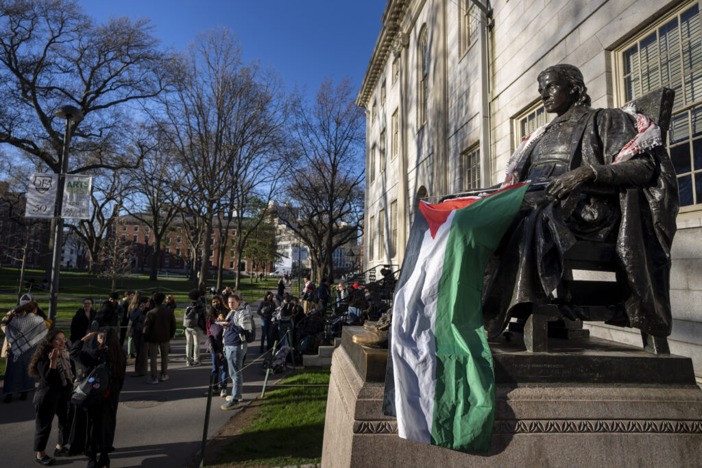 Protesters at Harvard encampment display Palestinian flag instead of US flag